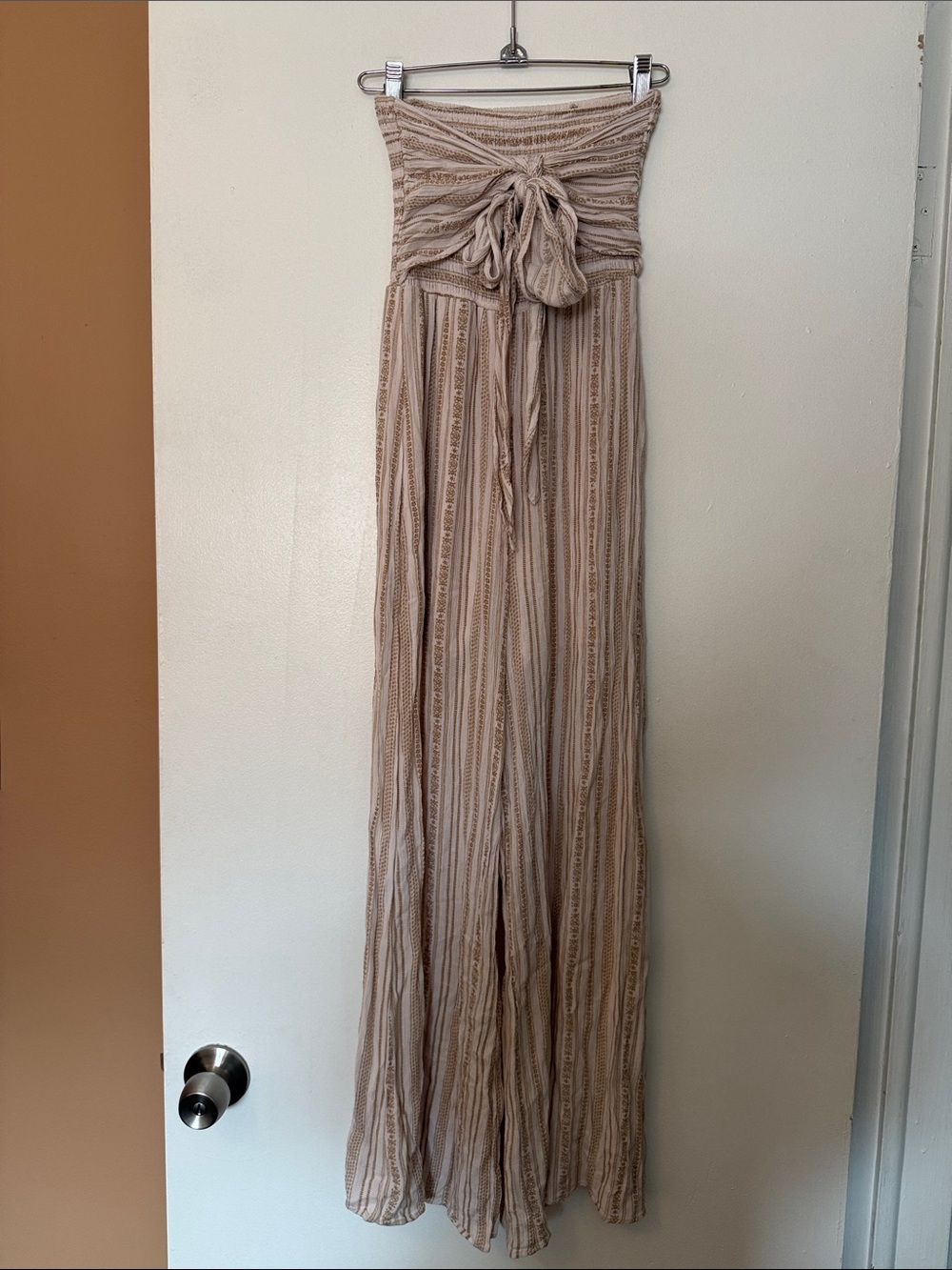 Blue Rain Boho-Strapless Wide Leg Jumpsuit in Beige Stripe
